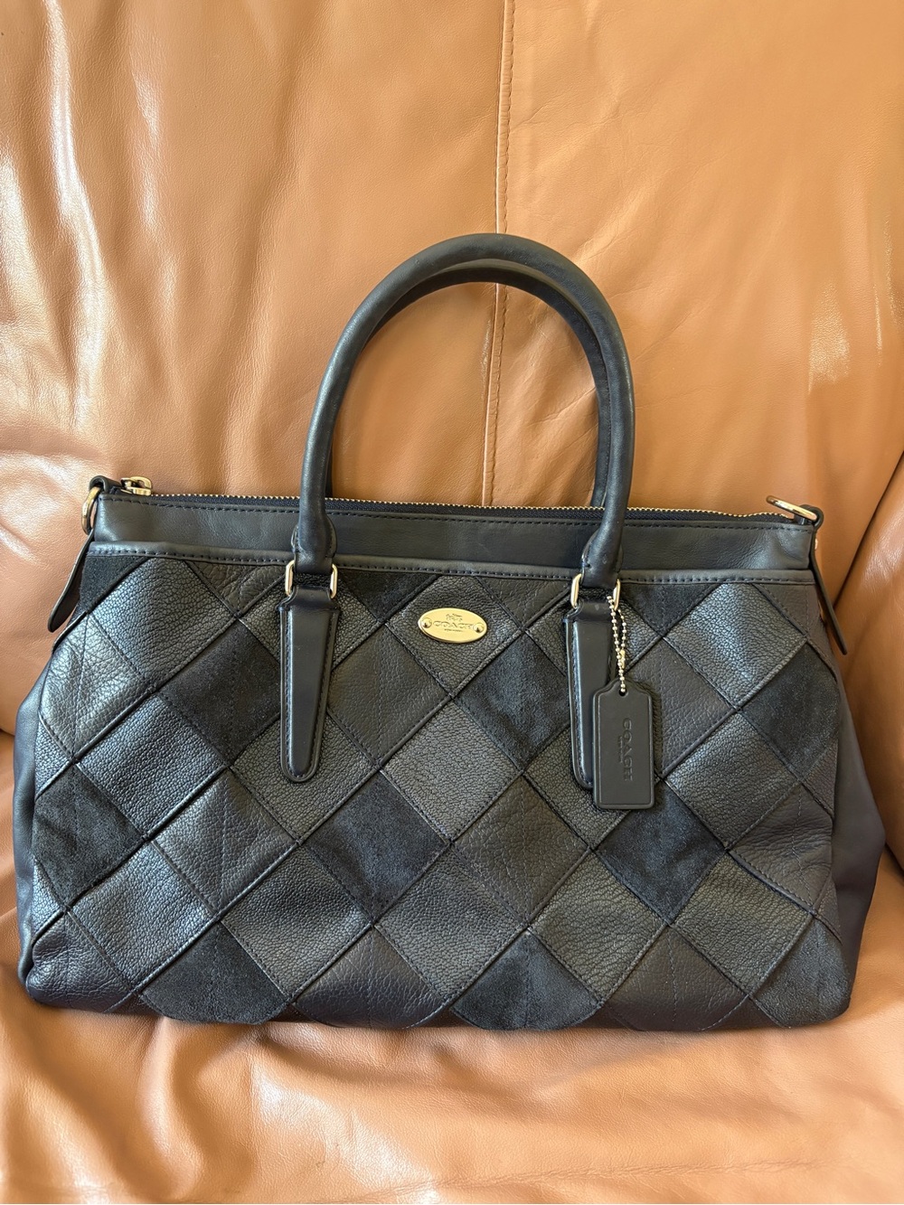 Coach Morgan Navy Diamond Quilted Patchwork Satchel Y2K Revival